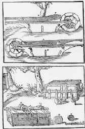 Vagonetti e carriole utilizzate per trasportare all'esterno il materiale, in un'antica stampa